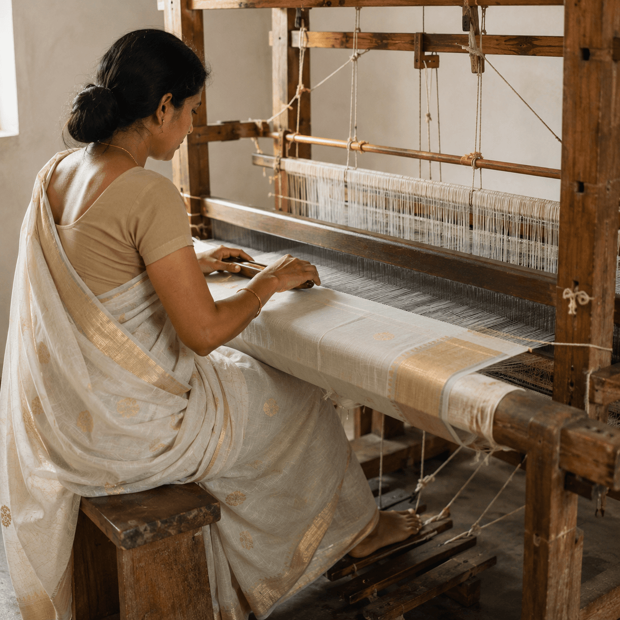 Pit loom on which the saree is woven