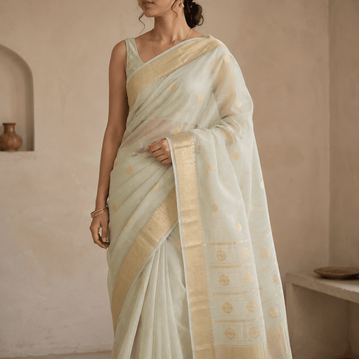 The saree draped, showing its featherweight fall